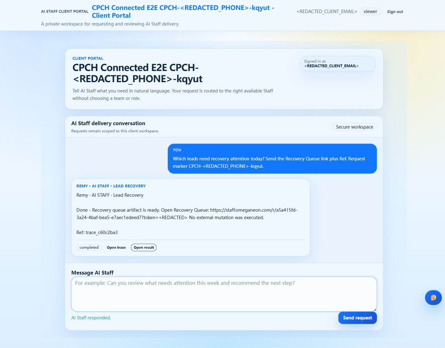 AI Staff response screenshot from a redacted Framitive test workspace
