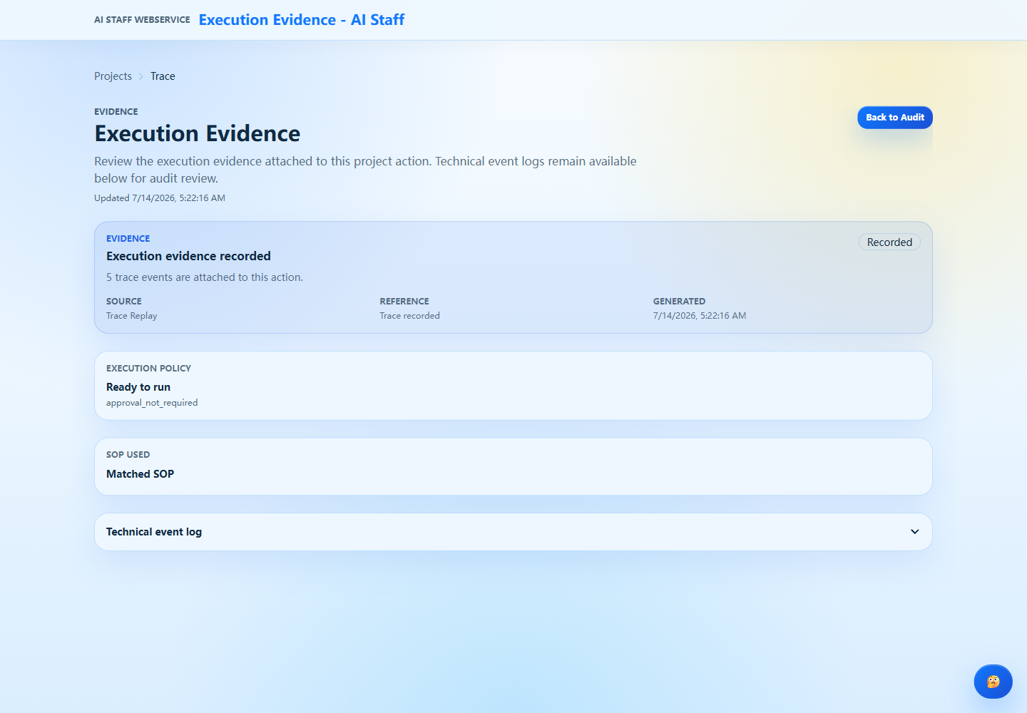 Execution evidence screenshot from a redacted Framitive test workspace