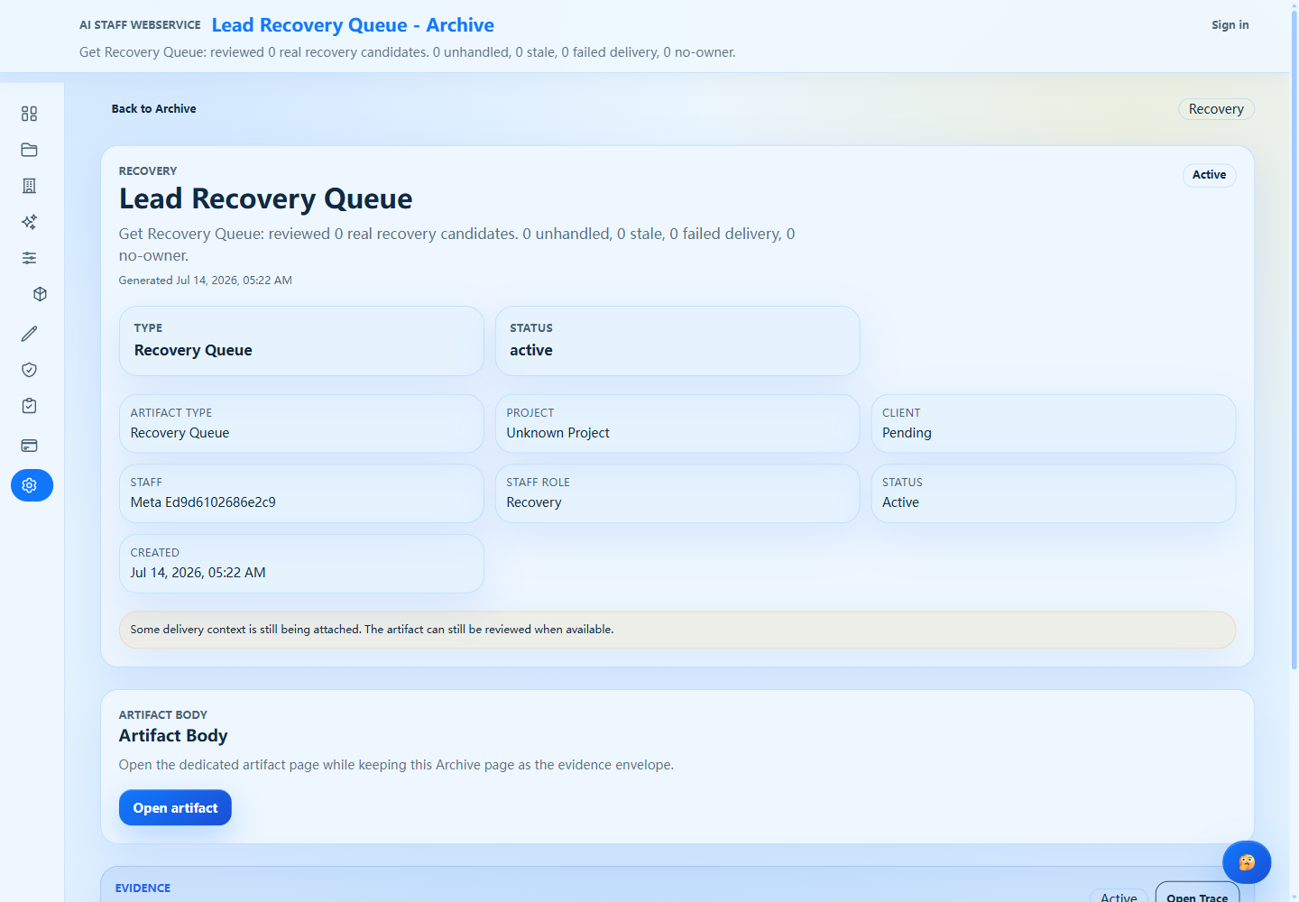Recovery queue screenshot from a redacted Framitive test workspace